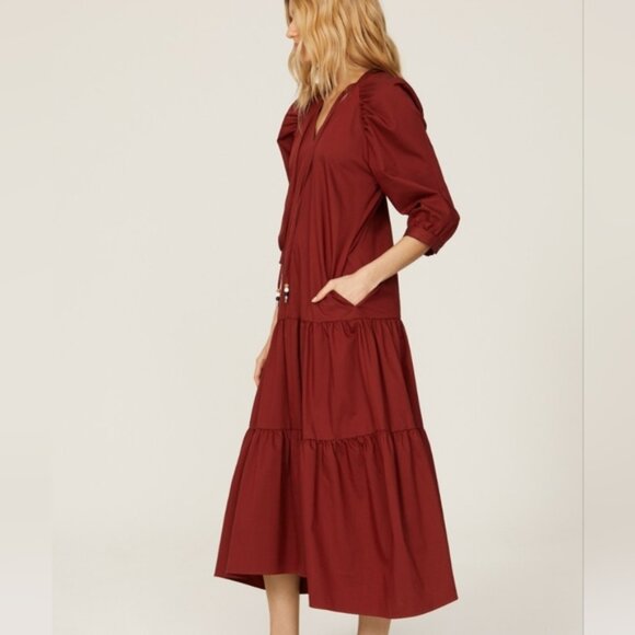 BOSS by Hugo Boss Depera Poplin Tiered Midi-Maxi Dress in Burnt Sienna - Fall! 4 - Picture 14 of 16